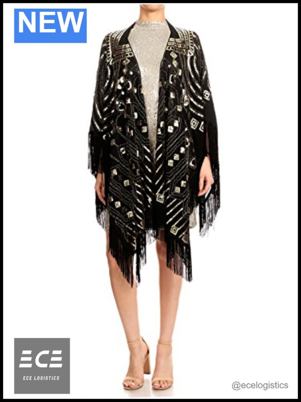 Oversized Hand Beaded Sequin Fringed Evening Shawl Wrap - One Size